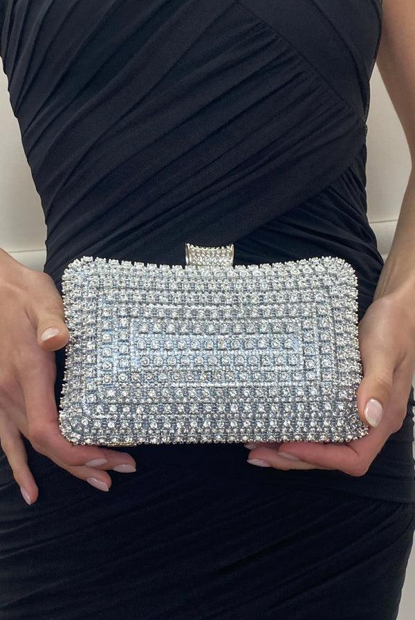 Goddiva Silver Diamante Clutch Bag By SVNX