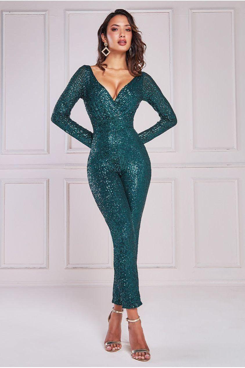 goddiva Stripe Sequin Jumpsuit - Emerald by Goddiva