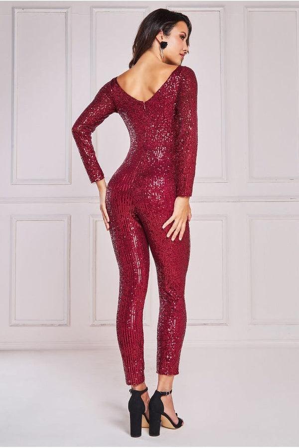 Goddiva Stripe Sequin Jumpsuit - Wine By Goddiva
