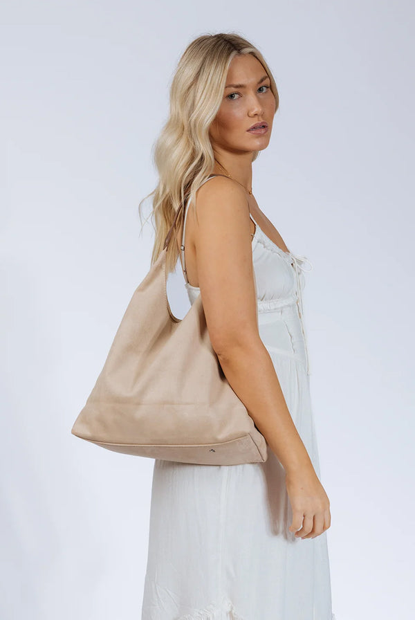 Goddiva Suede Hobo Shoulder Bag In Beige By SVNX
