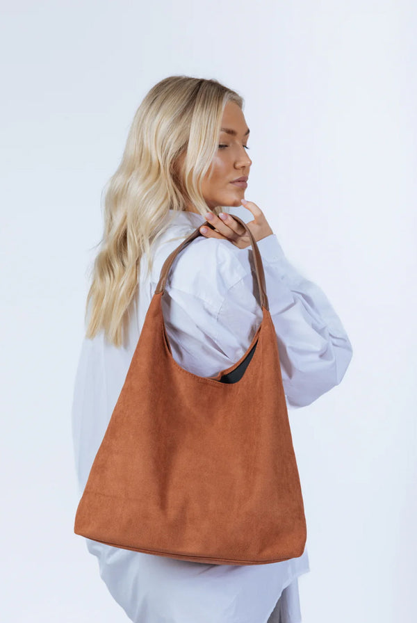 Goddiva Suede Hobo Shoulder Bag In Tan By SVNX