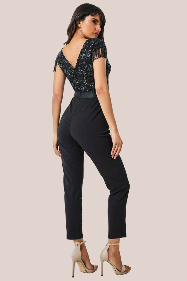 Goddiva Tassel Sequin Jumpsuit - Black By Goddiva