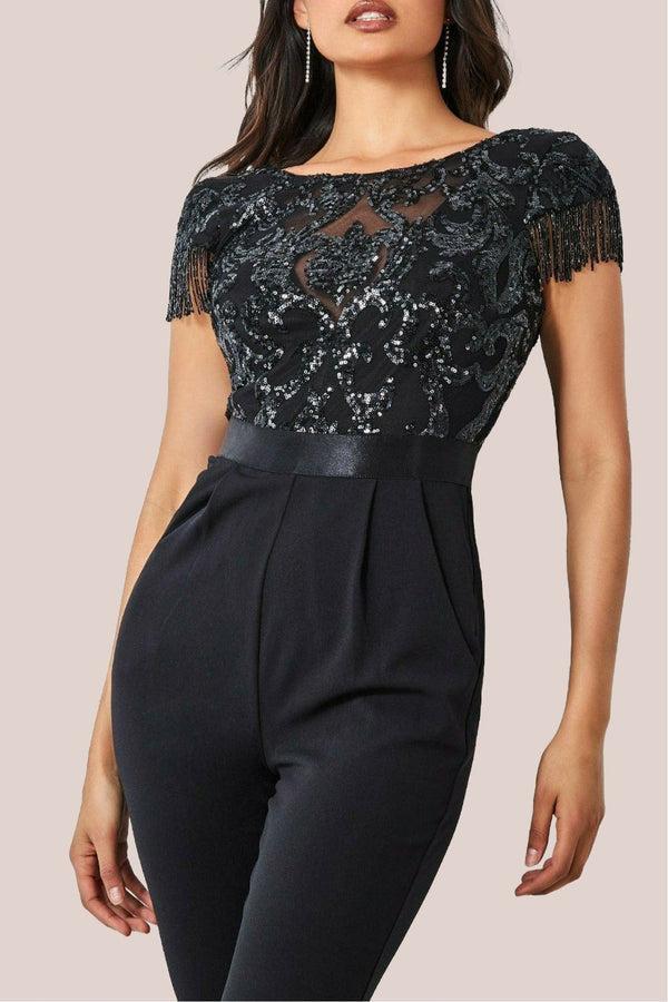Goddiva Tassel Sequin Jumpsuit - Black By Goddiva
