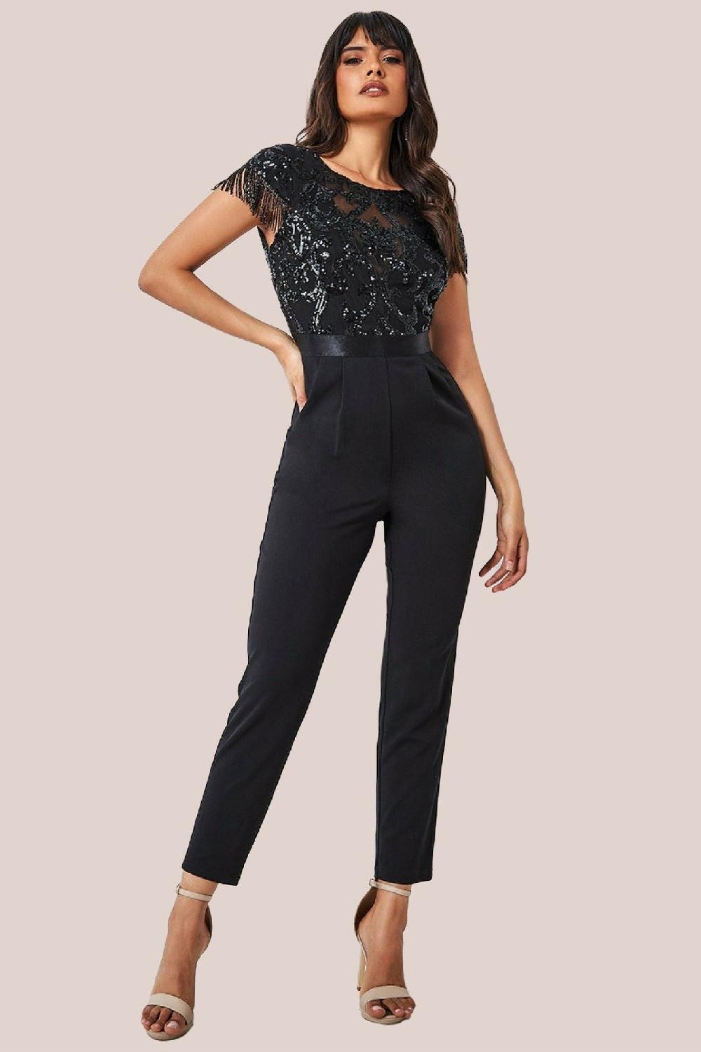 goddiva Tassel Sequin Jumpsuit - Black by Goddiva