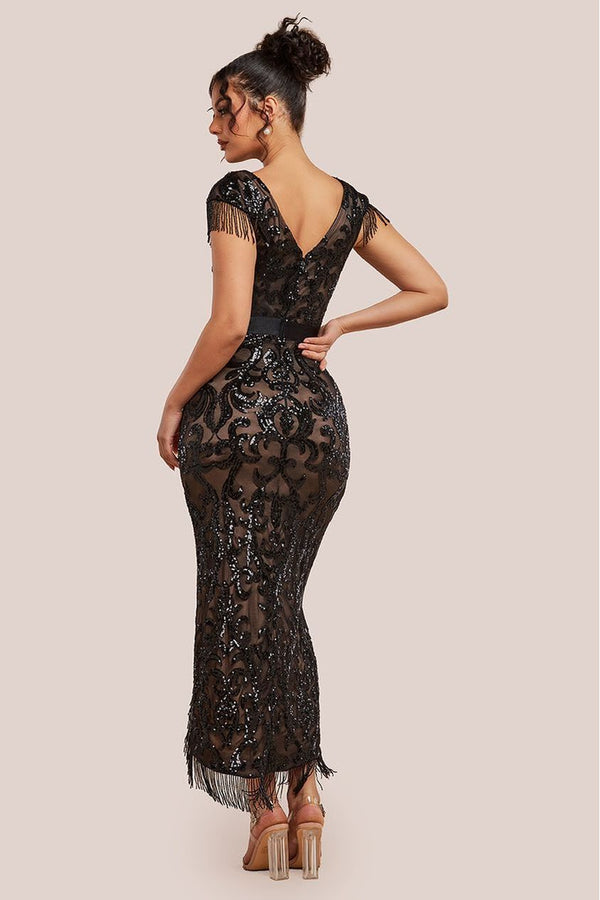 Goddiva Tassel Split Maxi Dress - Black By Goddiva