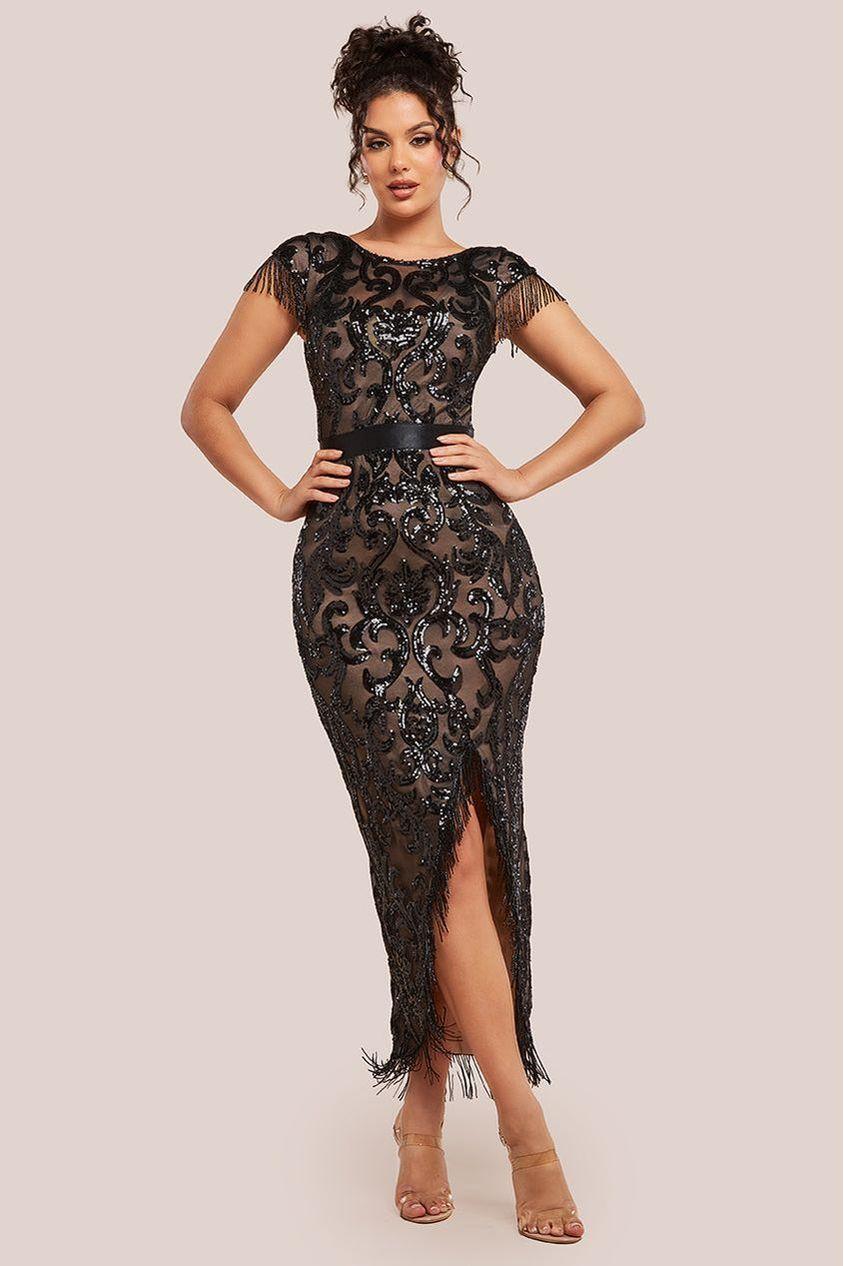 goddiva Tassel Split Maxi Dress - Black by Goddiva