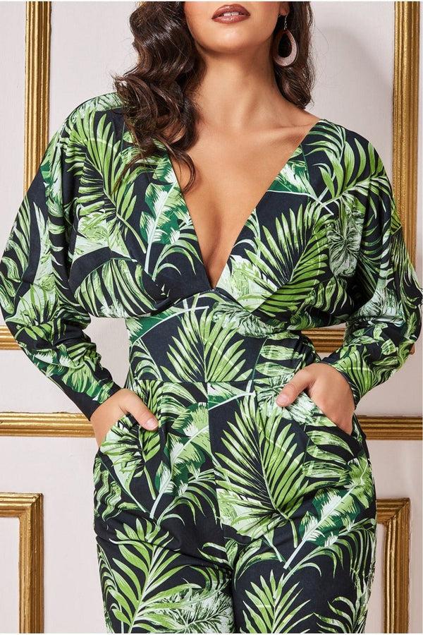 Goddiva Tropical Print Jumpsuit - Green By Goddiva