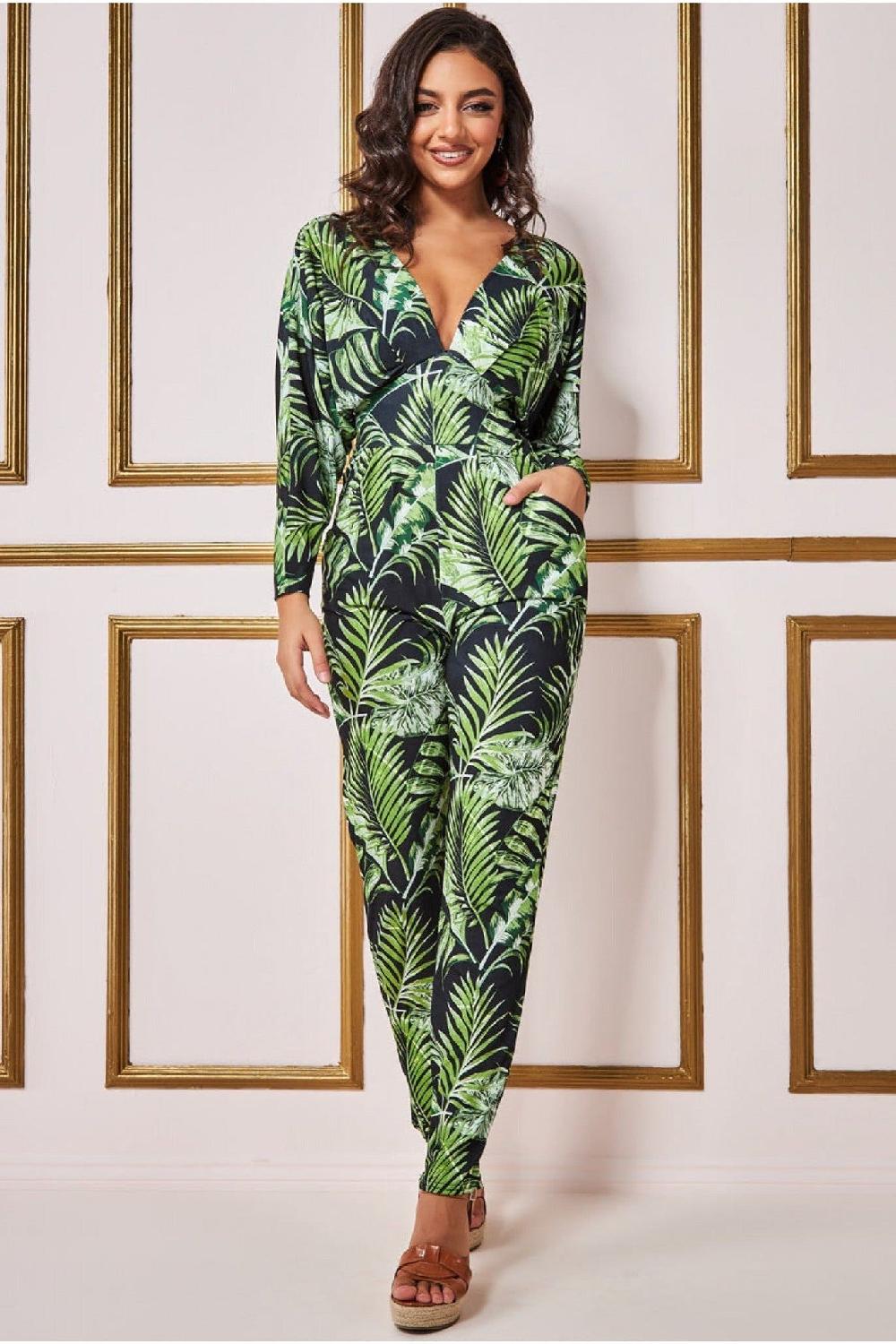 goddiva Tropical Print Jumpsuit - Green by Goddiva