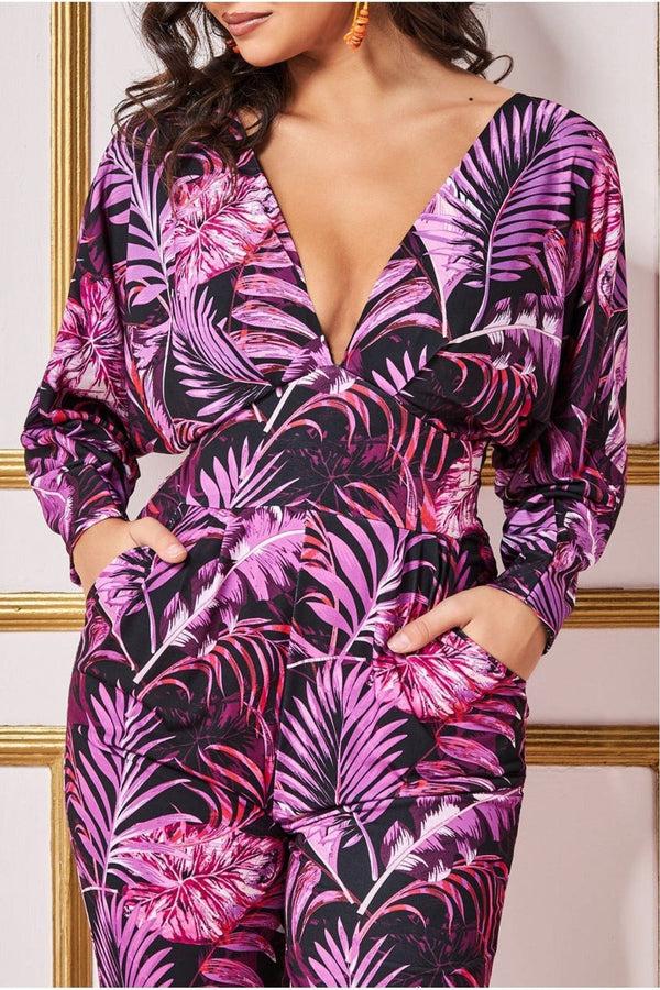 Goddiva Tropical Print Jumpsuit - Purple By Goddiva
