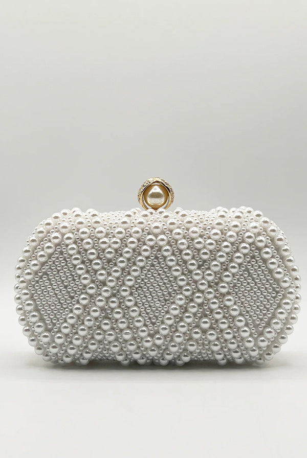 Goddiva White Pearl Beaded Clutch Bag By SVNX