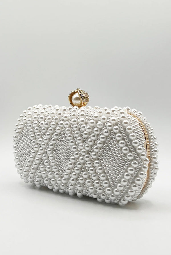 Goddiva White Pearl Beaded Clutch Bag By SVNX