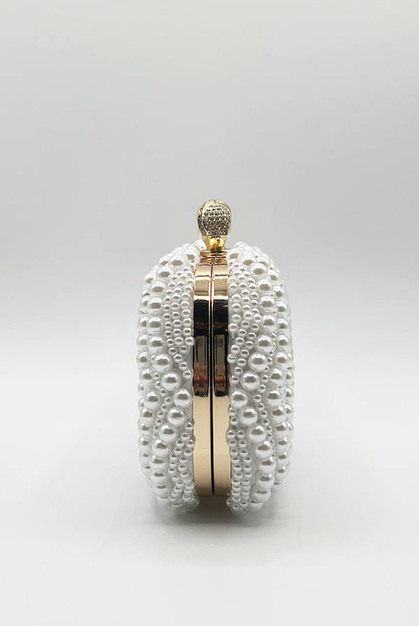 Goddiva White Pearl Beaded Clutch Bag By SVNX