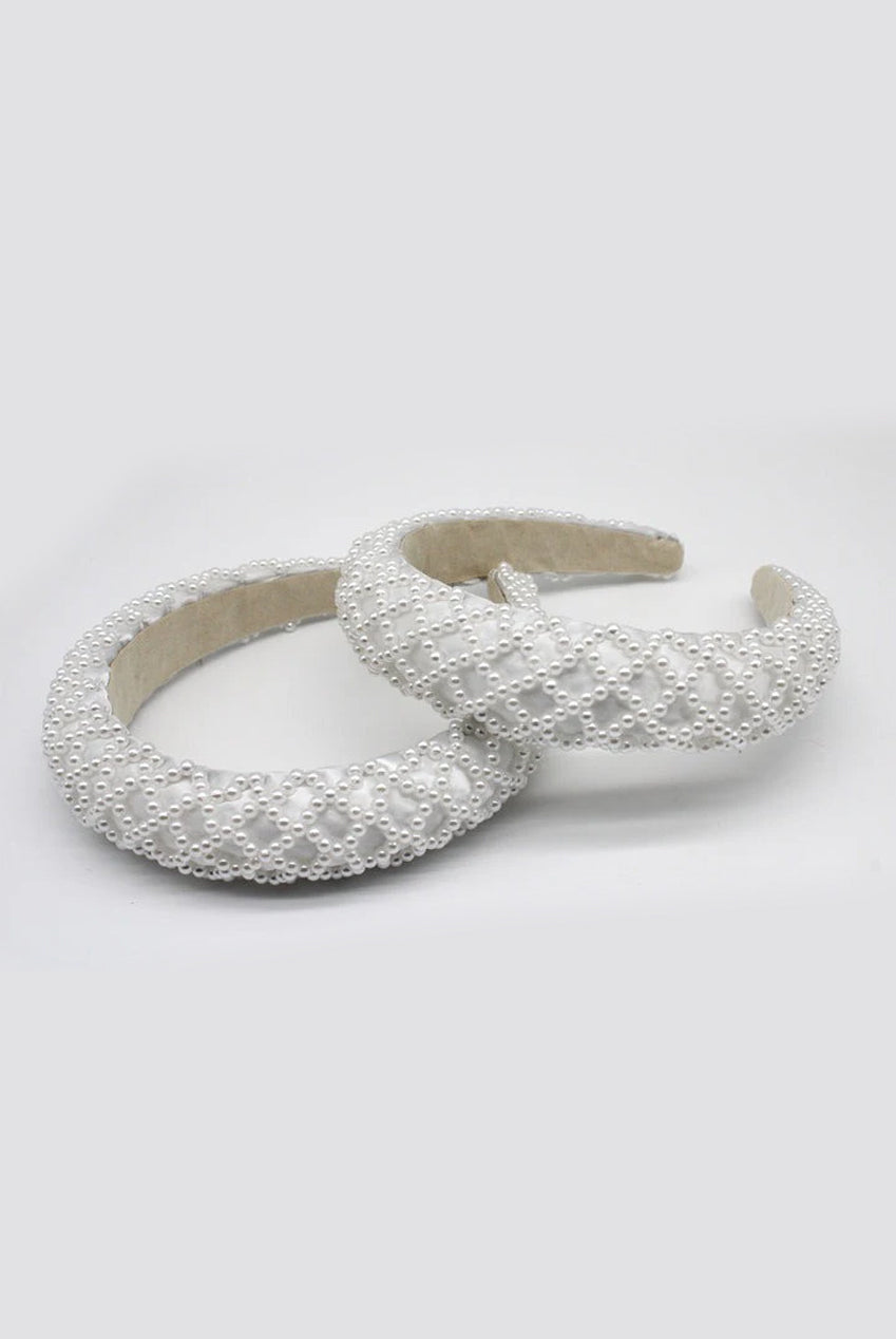 goddiva White Pearl Lattice Style Headband by SVNX