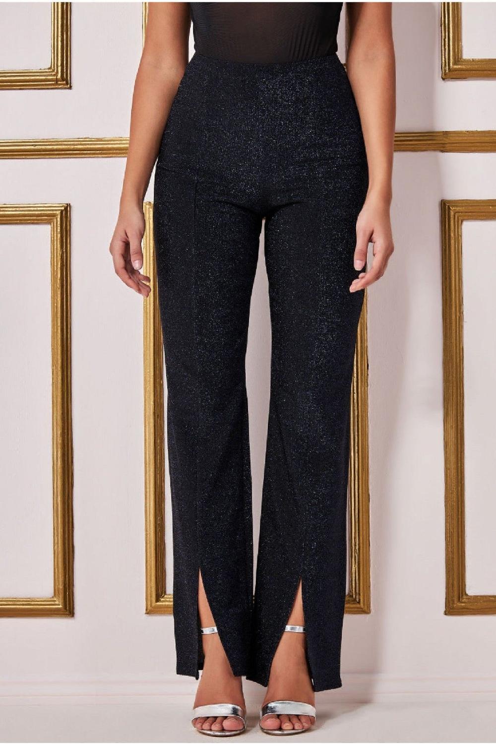 goddiva Wide Leg Lurex Trouser - Navy by Goddiva