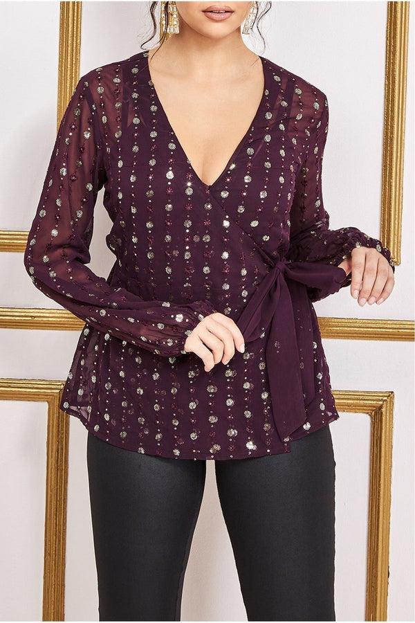 Goddiva Wrap Sequin Top With Cami - Wine By Goddiva