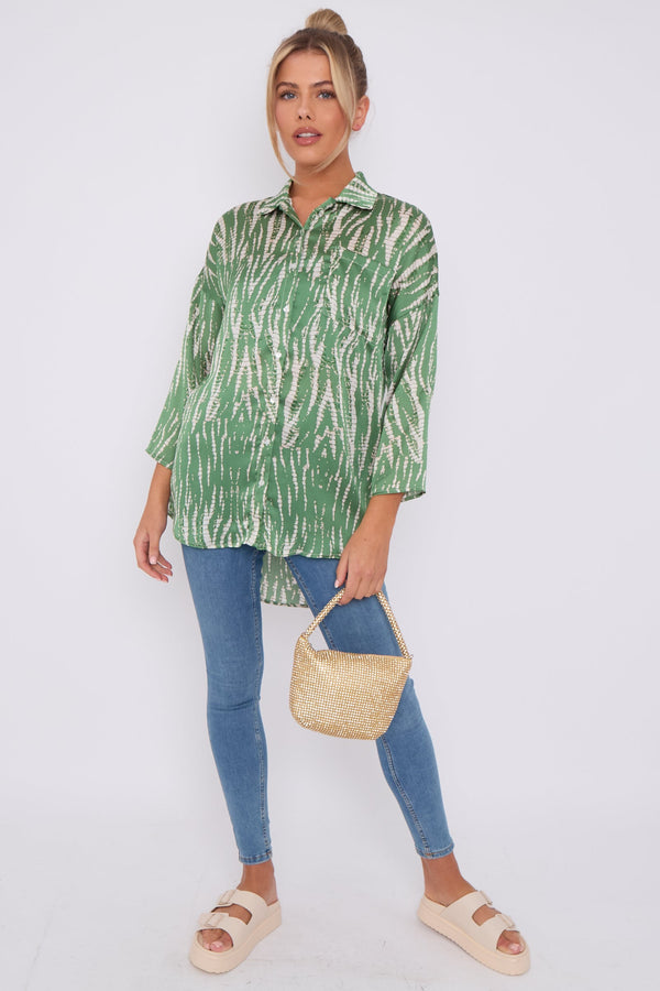 Goddiva Green Tie Dye Print Satin Oversized Shirt By LOVE SUNSHINE