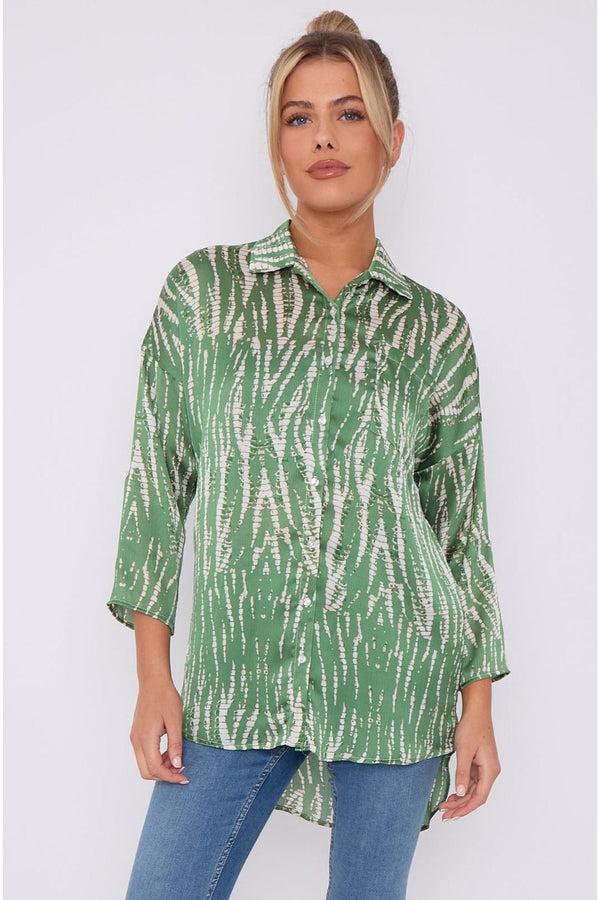 Goddiva Green Tie Dye Print Satin Oversized Shirt By LOVE SUNSHINE