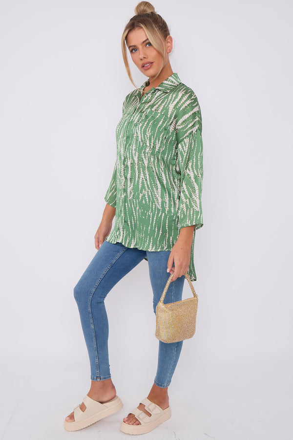 Goddiva Green Tie Dye Print Satin Oversized Shirt By LOVE SUNSHINE