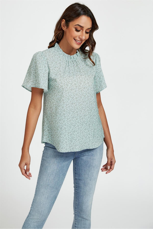 Goddiva Grey Little Floral Print Angle Sleeve High Neck Top Blouse In Blue By FS Collection