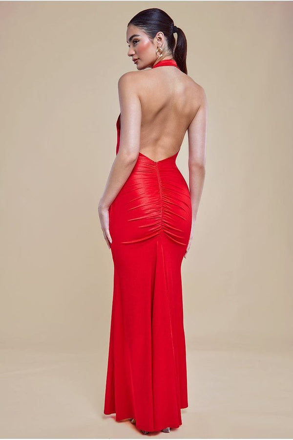 Goddiva Halter Cowl Neck Back Maxi Dress - Red By Goddiva