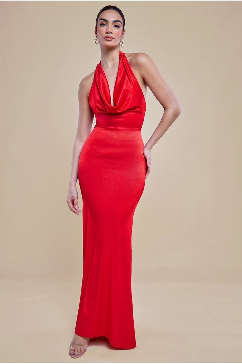 goddiva Halter Cowl Neck Back Maxi Dress - Red by Goddiva