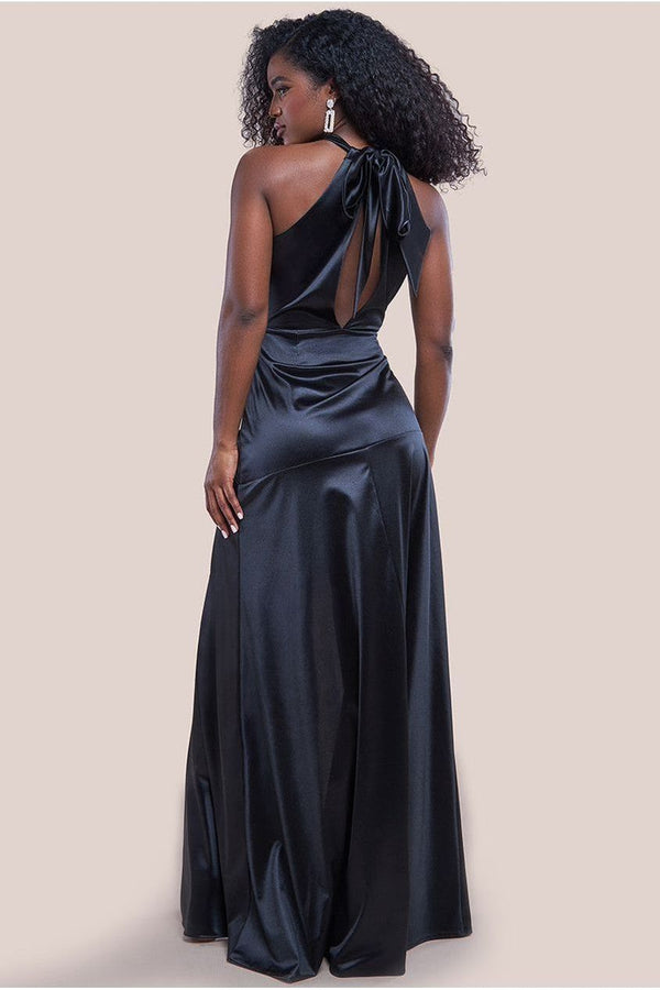 Goddiva Halter Neck Front Split Satin Maxi Dress - Black By Goddiva