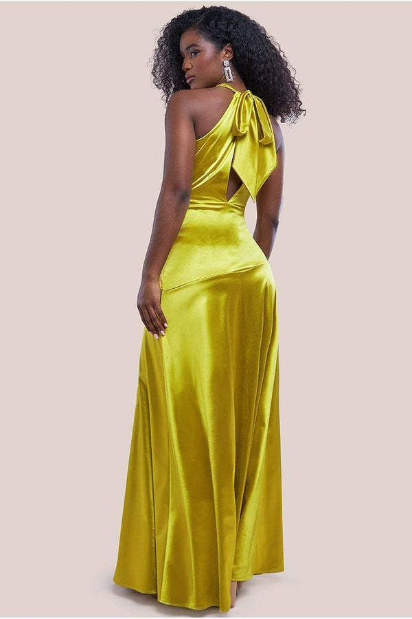 Goddiva Halter Neck Front Split Satin Maxi Dress - Lime Green By Goddiva