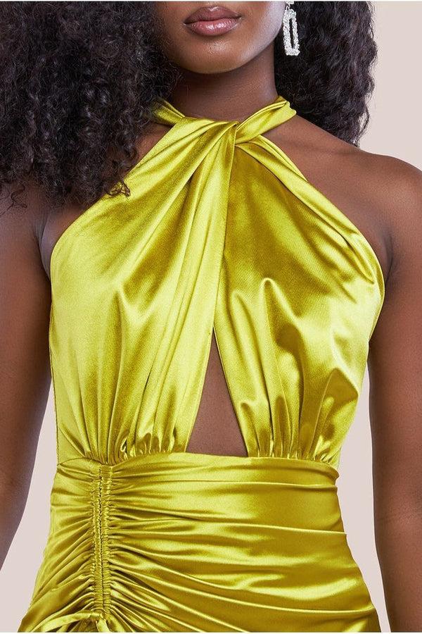 Goddiva Halter Neck Front Split Satin Maxi Dress - Lime Green By Goddiva