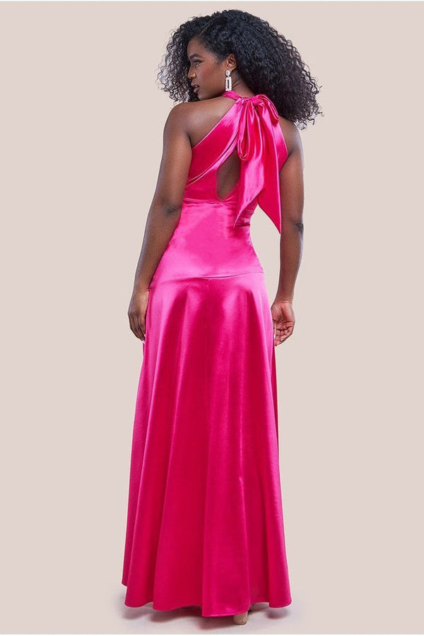 Goddiva Halter Neck Front Split Satin Maxi Dress - Magenta By Goddiva