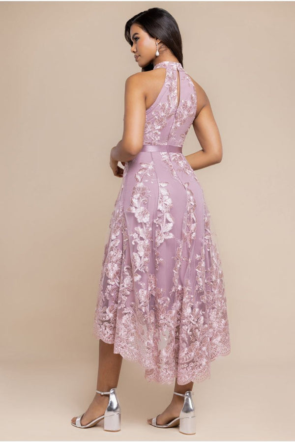 Goddiva Halter Neck Lace High And Low Dress - Pink By Goddiva
