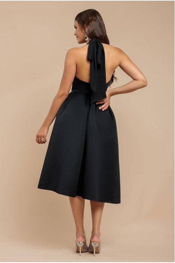 Goddiva Halter Neck Pleated A-Line Midaxi Dress - Black By Goddiva