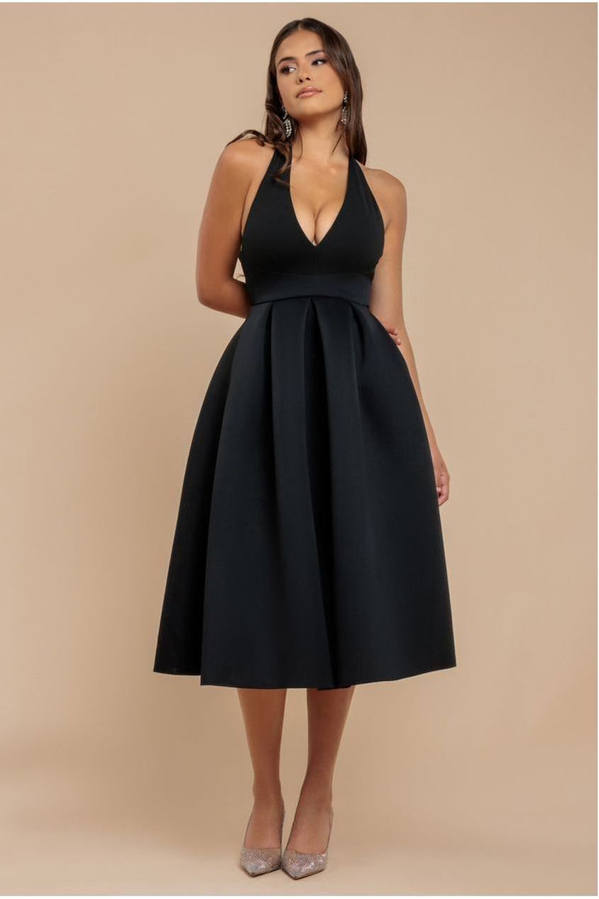 goddiva Halter Neck Pleated A-Line Midaxi Dress - Black by Goddiva