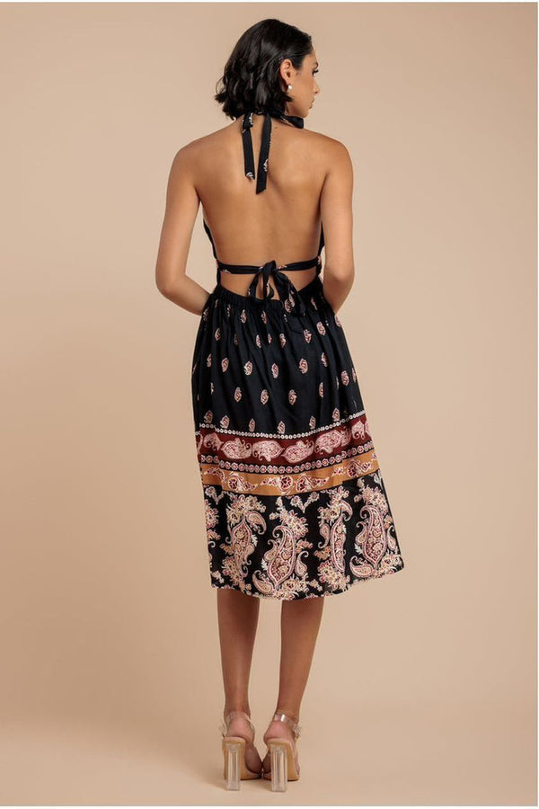 Goddiva Halter Neck Printed Midi Dress - Black By City Goddess