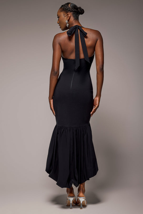Goddiva Halter Neck Puff Hem Mermaid Midaxi Dress - Black By Goddiva