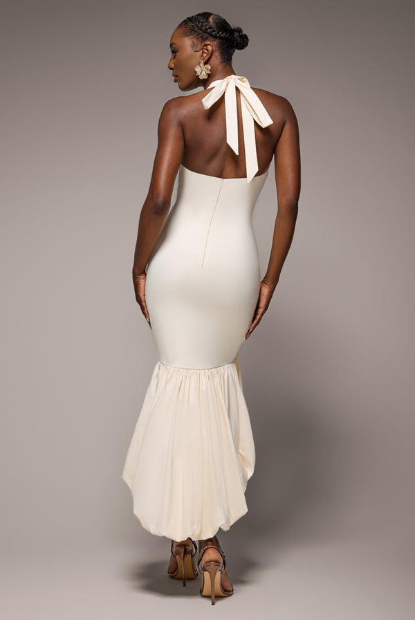 Goddiva Halter Neck Puff Hem Mermaid Midaxi Dress - Cream By Goddiva