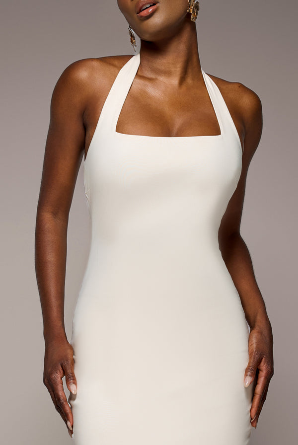 Goddiva Halter Neck Puff Hem Mermaid Midaxi Dress - Cream By Goddiva