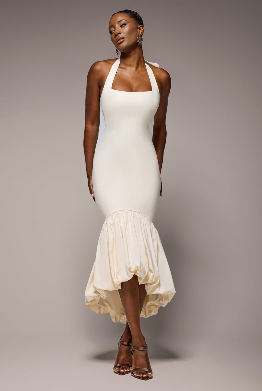 goddiva Halter Neck Puff Hem Mermaid Midaxi Dress - Cream by Goddiva