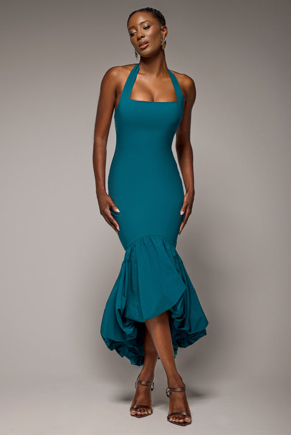 Goddiva Halter Neck Puff Hem Mermaid Midaxi Dress - Emerald Green By Goddiva