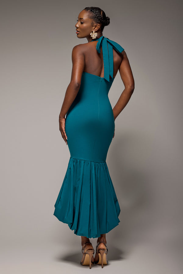 Goddiva Halter Neck Puff Hem Mermaid Midaxi Dress - Emerald Green By Goddiva