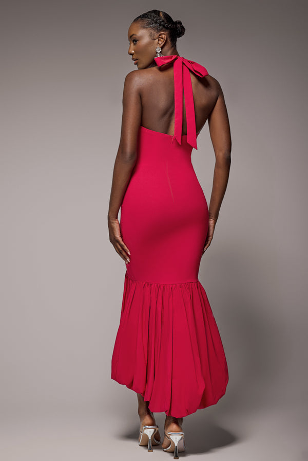 Goddiva Halter Neck Puff Hem Mermaid Midaxi Dress - Red By Goddiva