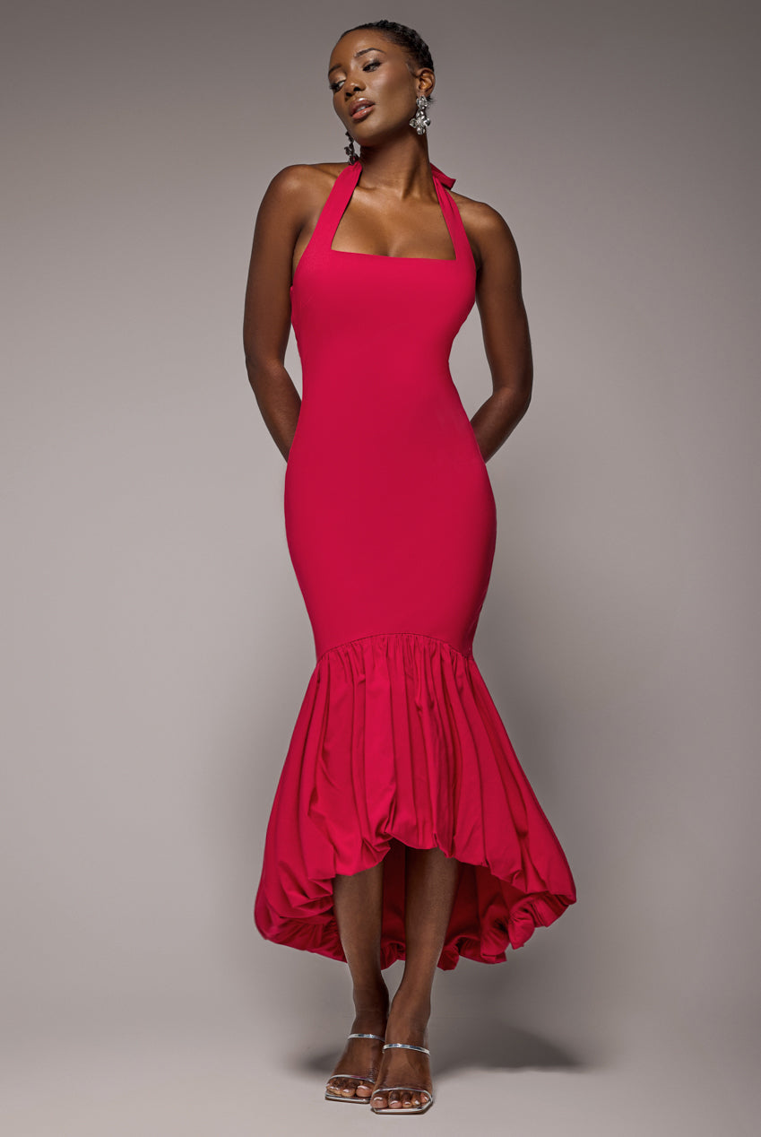 goddiva Halter Neck Puff Hem Mermaid Midaxi Dress - Red by Goddiva