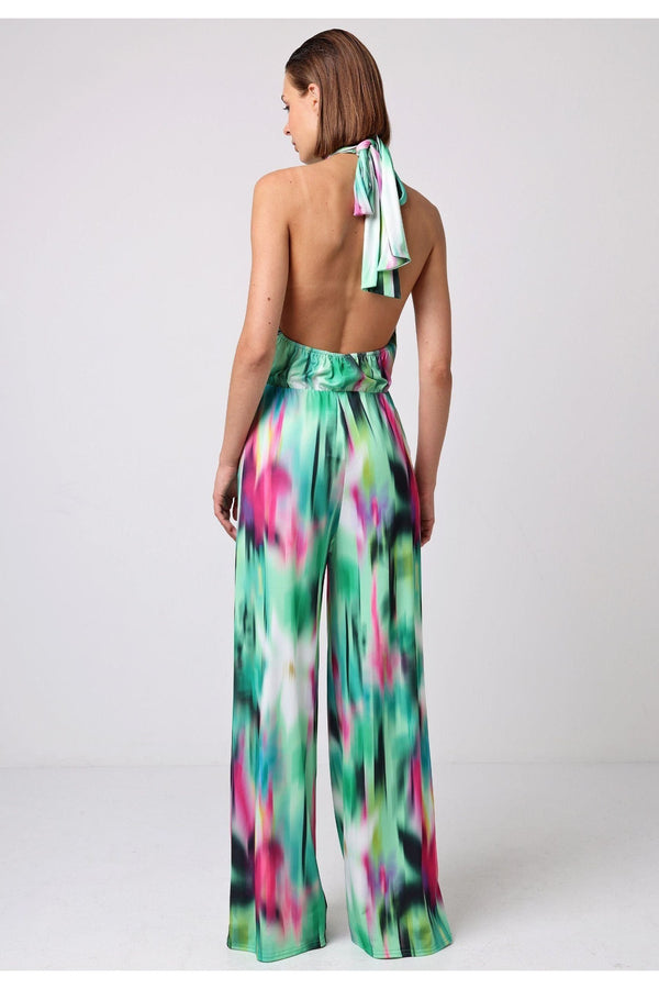 Goddiva Halterneck Jumpsuit With Elasticated Waist In Brush Stroke Print By Angeleye