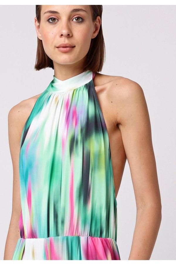 Goddiva Halterneck Jumpsuit With Elasticated Waist In Brush Stroke Print By Angeleye