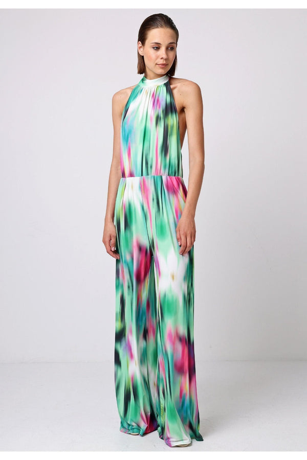 Goddiva Halterneck Jumpsuit With Elasticated Waist In Brush Stroke Print By Angeleye