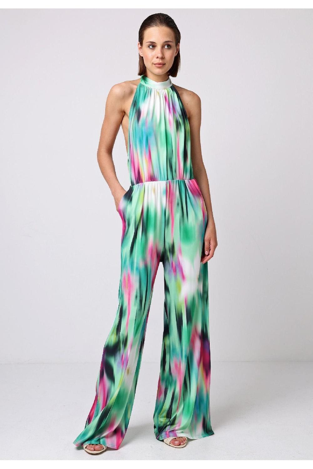 goddiva Halterneck Jumpsuit With Elasticated Waist In Brush Stroke Print by Angeleye