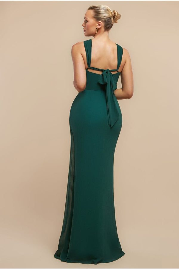 Goddiva Halterneck Thigh Split Chiffon Maxi Dress - Emerald Green By Goddiva