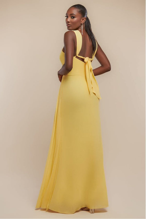 Goddiva Halterneck Thigh Split Chiffon Maxi Dress - Lemon By Goddiva