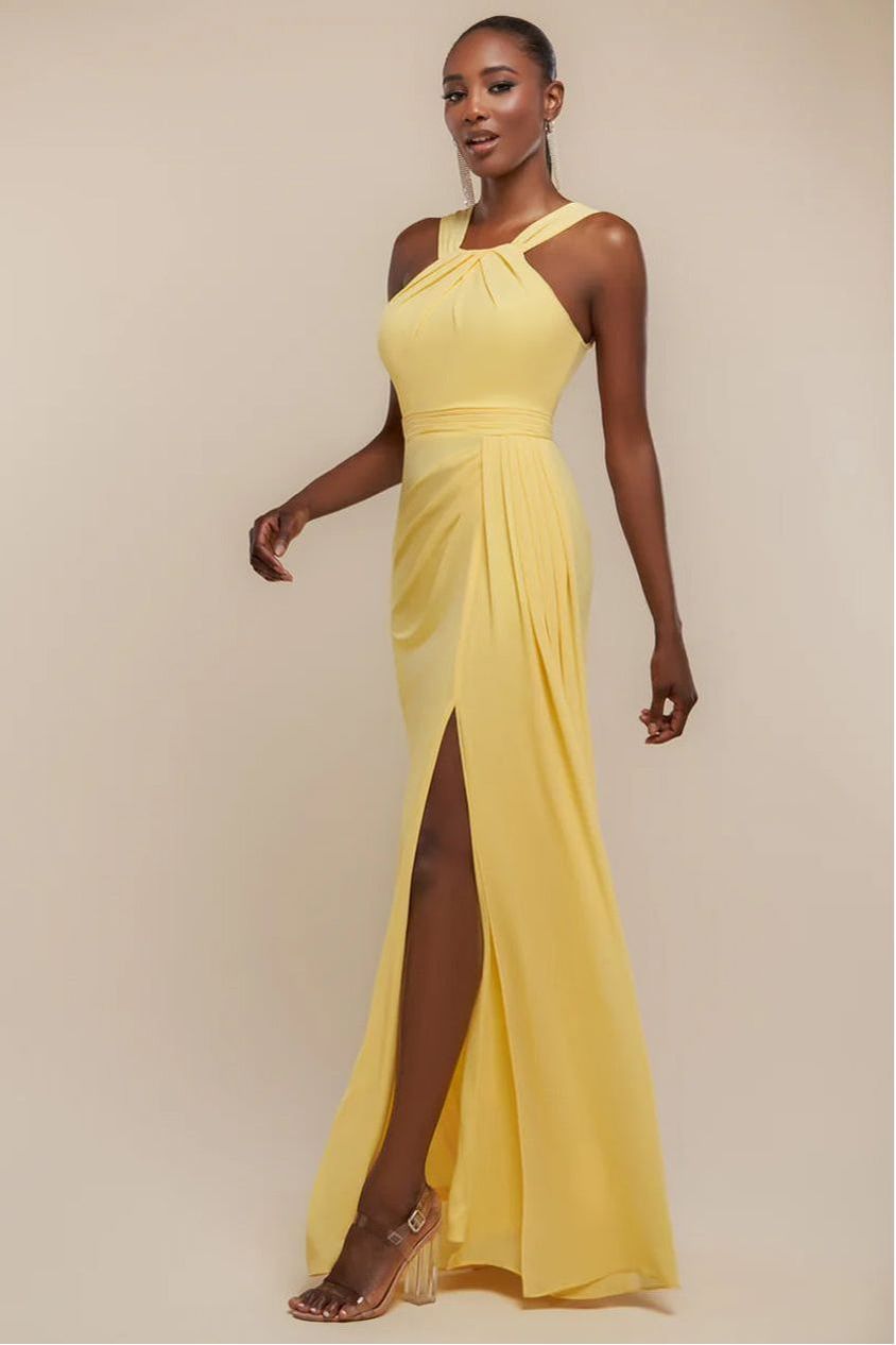 goddiva Halterneck Thigh Split Chiffon Maxi Dress - Lemon by Goddiva
