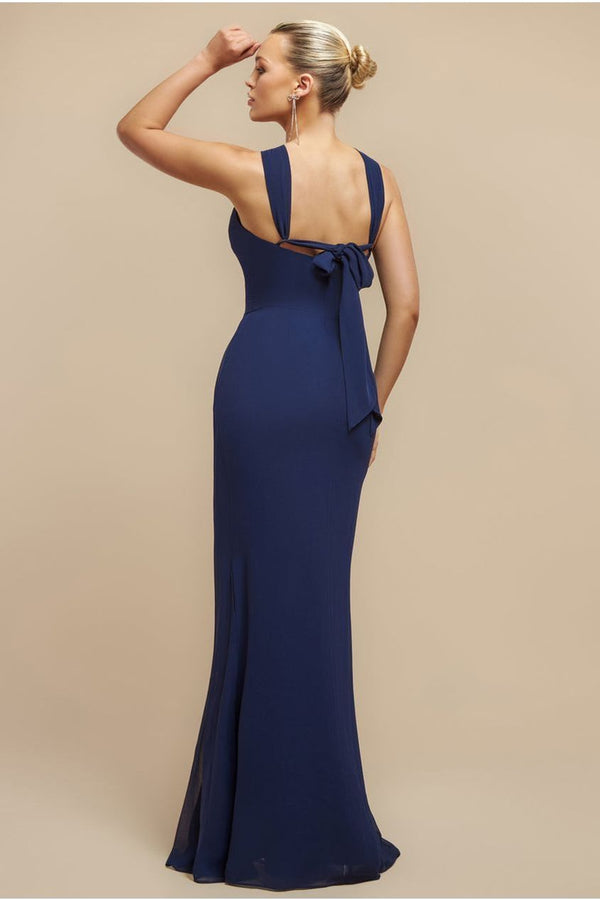 Goddiva Halterneck Thigh Split Chiffon Maxi Dress - Navy Blue By Goddiva