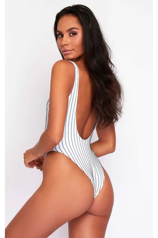 Goddiva High Leg Swimsuit In Black & White Pinstripe By Maribela